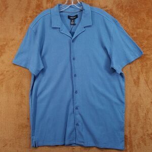 KENNETH COLE Button Camp Shirt Mens XL Blue Ribbed Knit Short Sleeve Stretch